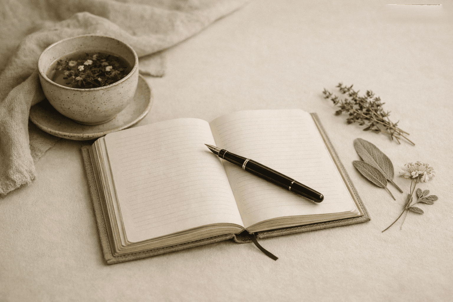 Open journal with fountain pen and herbal tea
