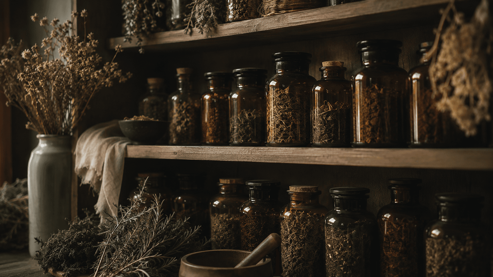 Apothecary shelves with amber jars of dried herbs